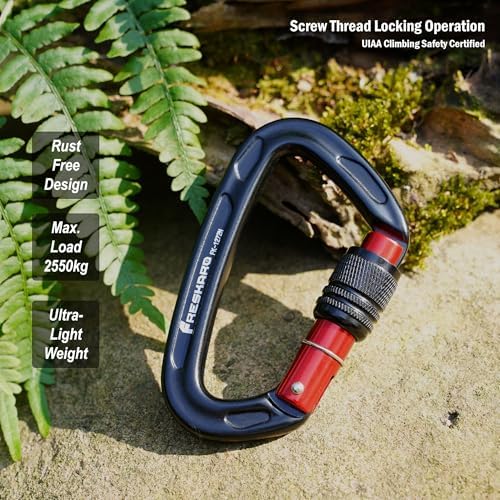 FresKaro 4inches 25kN-5621lbs Climbing Carabiners, UIAA CE Certified, Screw Lock, 7075 Aluminium, Lightweight, Rust Proof, for Mountaineering, Rappelling etc., Multi-Colors