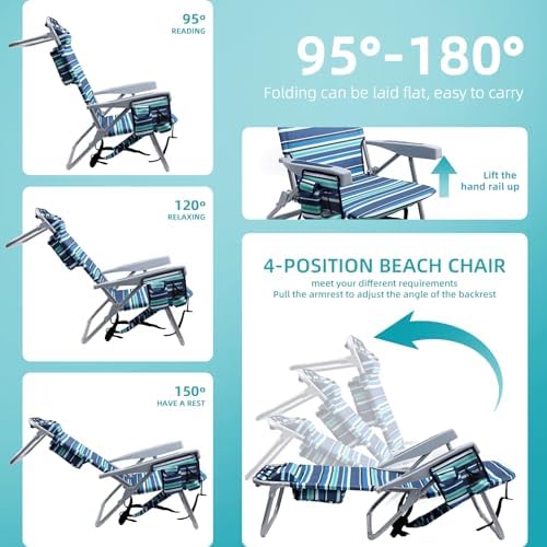Beach Chairs for Adults Heavy Duty, Compact Portable Lay Flat Folding Chair with Backpack Straps and Large Cooler Pouch, Support to 350LBS (Stripes_Blue&Cyan)