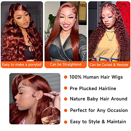 28 Inch Reddish Brown Lace Front Wigs Human Hair 13x4 HD Transparent Body Wave Lace Front Wigs Human Hair Pre Plucked Auburn Glueless Colored Frontal Wigs Human Hair