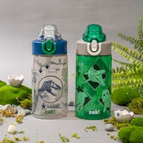 Zak Designs Jurassic World Dominion Movie Sage Kids Water Bottle For School or Travel, 16oz Durable Plastic Water Bottle With Straw, Handle, and Leak-Proof, Pop-Up Spout Cover, 2-Pack Set