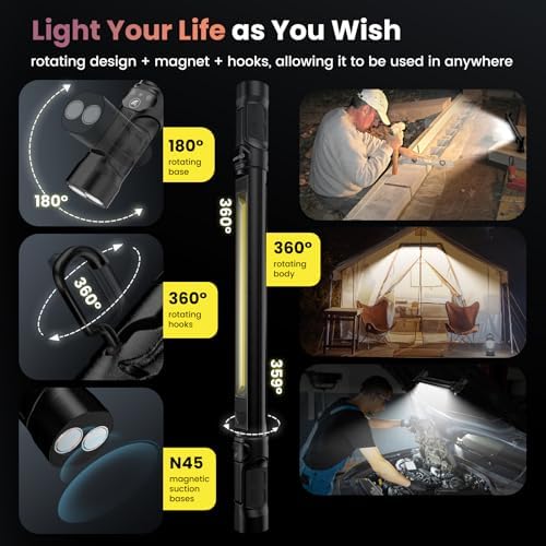 Work Light【AUTO ON/Off】 3000LM 5200mAh Under Hood LED Work Light with Hooks, Portable Magnetic Rechargeable Cordless Job Site Lighting for Mechanic/Car Repairing/Garage-Black