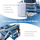 5-Position Aluminum Lay Flat Tall Backpack Beach Chairs 2 Pack, Compact Portable Beach Chairs for Adults with Cooler Pouch, Storage Pouch, Towel Bar, Cup Holder & Phone Holder, Blue Stripe
