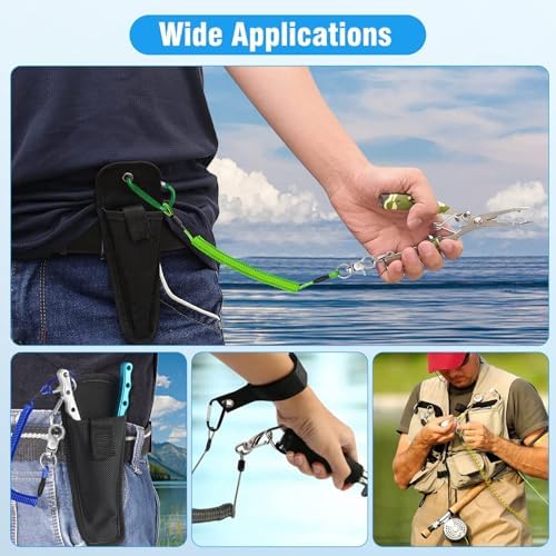 10 PCS Heavy Duty Fishing Lanyards with 2 Sizes, Retractable Safety Fishing Tool Ropes Steel Wire Coiled Lanyard with Carabiner and Keychain, Leash Rod Tether Accessories for Pliers Boating Kayak