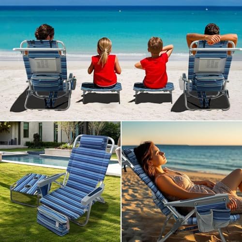 Backpack Beach Chair Aluminum 2 Pack with Folding Camping Table 5-Position Lay Flat Lounge Chair Outdoor for Adults with Insulated Cooler Bag and Cup Holder