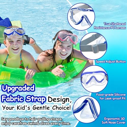 Vvinca Kids-Goggles with Nose Cover, Diving Mask Elastic Fabric Strap Anti Fog Anti Shattered Lens for Kids Swim Goggles 3-14