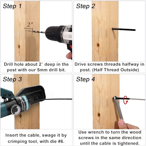 Steel DN Mate 100 Pack Black T316 Stainless Steel Left&Right Handed Thread Swage Lag Screws for Wood Post of 1/8" Black Cable Railing Kit, Deck/Stair Railing DIY Baluster Kit, Wrench Included