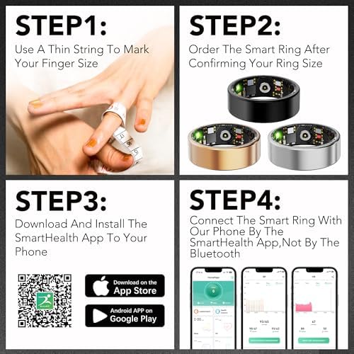 Smart Health Ring for Women Men Fitness Tracker with Heart Rate, Blood Oxygen, Blood Pressure, Sleep Monitoring, Step Counting, IP68 Waterproof for iPhone and Android, No Subscription Fee, Black 6