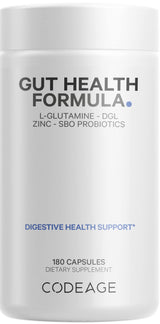Codeage Gut Health Supplements Vegan Formula - L Glutamine, Zinc, Turkey Tail Mushroom Powder, Tonic Mushroom, Maitake, Micro Algae, Mineral, Licorice Root DGL - Probiotics, Prebiotics - 180 Capsules
