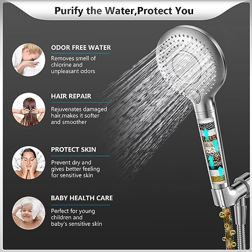 FEELSO Filtered Shower Head with Handheld, High Pressure 3 Spray Mode Showerhead with 15 Stage Water Softener Filters Beads for Hard Water - Remove Chlorine - Reduces Dry Itchy Skin, Brushed Nickel