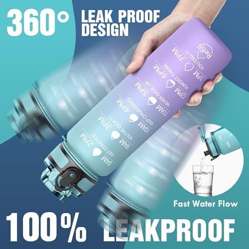 OLDLEY Water Bottle, 32oz Motivational Sports Water Bottle with Time Marker - Times to Drink - Tritan, BPA Free, Wide Mouth Leakproof, Glacier (1 Bottle)