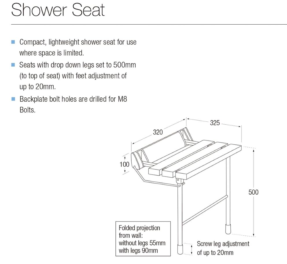Taps2Traps® Wall Mounted Fold Down Shower Seat With Legs