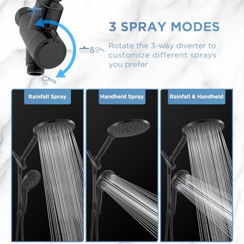Dual Handheld Shower Head Combo, 2-in-1 Rain Shower Heads System 8 Inch Rainfall Shower Head and 10 Modes High Pressure Hand Held Showerhead with Built-in Power Wash