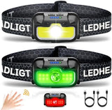 Headlamp Rechargeable, 2 Pack 1300 Lumen Ultra-Light Bright Head Lamp with White Red Green, 14 Modes Adjustable Waterproof Motion Sensor Headlight for Outdoor Camping Running Cycling Hiking