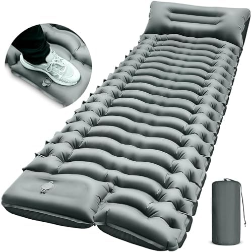 Camping Sleeping Pad, Ultralight Camp Pad with Pillow, Built-in Foot Pump, Inflatable Sleeping Pad, Compact Size for Camping, Backpacking, Hiking and Traveling - Gray