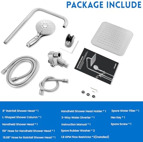 Dual Shower Head Combo, 8'' High Pressure Rain Shower Head with Handheld Spray, 6 Settings Handheld Showerhead, 15" Height Adjustable Slide Bar, Angle Adjustable, Chrome Polished