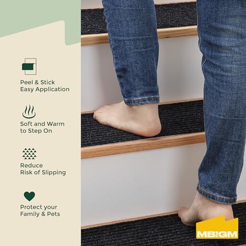 MBIGM 8" X 30" (15 in Pack) Non-Slip Carpet Stair Treads Non-Skid Safety Rug Slip Resistant Indoor Runner for Kids Elders & Pets with Reusable Adhesive - Black - Carpet Pads for Stairs