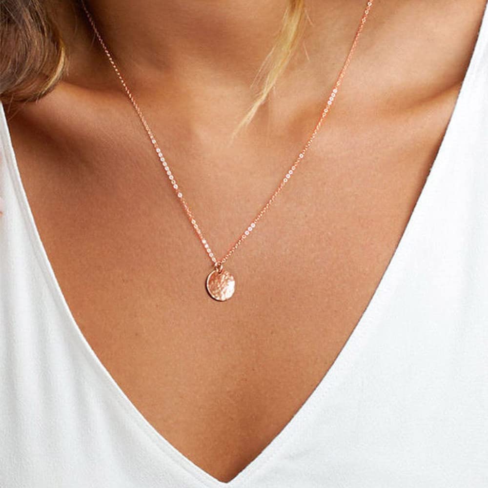 Turandoss Triple Layer Necklace for Women, Rose Pearl Bar Disc Pendant