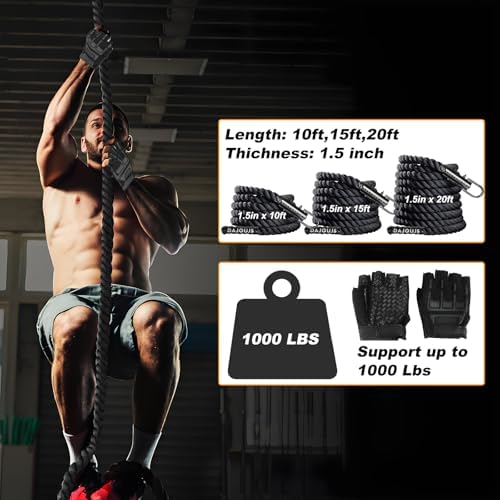 Climbing Rope 1.5 Inch Diameter 10/15 / 20/30 Feet Length Gym Climbing Rope for Workout Fitness & Strength Training, Gym Rope, Exercise Climbing Rope in Black for Adults Outdoor & Indoor