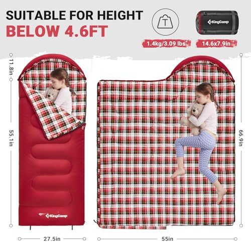 KingCamp Sleeping-Bags Kids Sleeping Bag Flannel Lined Cold Weather 3-4 Season Sleeping Bag for Teens Youth Child Boys Girls