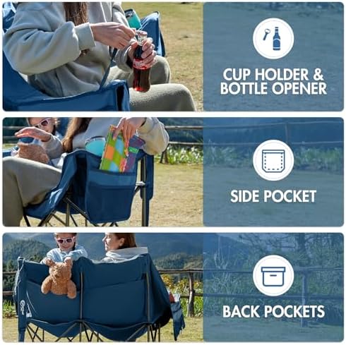 PORTAL Double Camping Chair Sofa 2 Person Loveseat Folding Thicken Camp Chair for Adults with Cup Holder, Outdoors Lawn Camp Soccer Sports, Support 600 lbs (Blue)