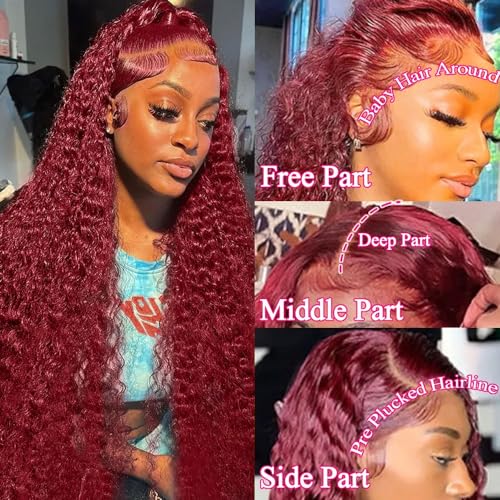Burgundy Lace Front Wigs for Black Women 24 Inch 99J Deep Wave Wigs 13x4 Transparent Lace Frontal Wigs Glueless Wet and Wavy Red Colored Curly 100% Human Hair Wig Pre Plucked Brazilian Virgin Hair