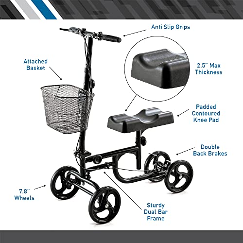 BodyMed Knee Walker for Injuries with Dual Brakes, Detachable Fabric Basket & Knee Pad Cover - Collapsible and Adjustable Scooter, Broken Leg Caddy, Alternative to Crutches