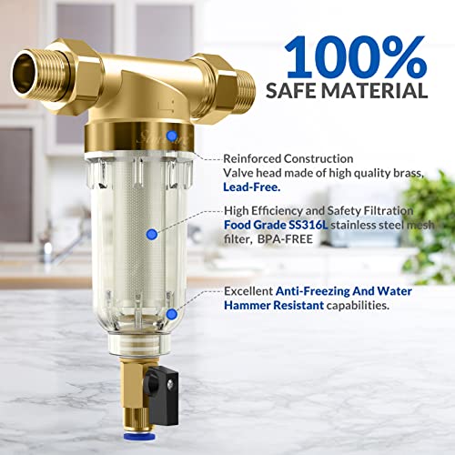 SimPure 40/200 Micron Spin Down Sediment Filter, Reusable Whole House Sediment Water Filter, Pre-Filtration System for City/Well water, 1" MNPT + 3/4" FNPT + 3/4"MNPT, BPA Free