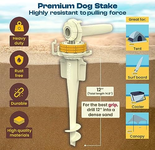 Diggo Dog Stake Beach Anchor - Dog Beach Essentials for All Dog Sizes - Unique 360° Head Rotating Combination Beach Lock System, Heavy Duty Tie Out Stake, Umbrella Sand Anchor, Designed for The Beach