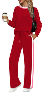 WIHOLL Womens Matching Sets 2 Piece Christmas New Year Eve Outfits Long Sleeve Tops Shirts Going Out Clothing Airport Cute Red L