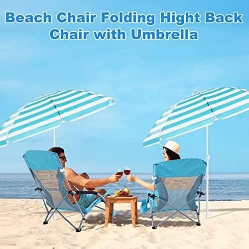 Huwena 2 Pack Beach Chair for Adult with 2 Umbrella Low Folding Chair Detachable Adjustable Lightweight with Armrests Cup Holder Carry Bag Portable for Sand Camping Travel Outdoor Pool (Blue)