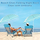 Huwena 2 Pack Beach Chair for Adult with 2 Umbrella Low Folding Chair Detachable Adjustable Lightweight with Armrests Cup Holder Carry Bag Portable for Sand Camping Travel Outdoor Pool (Blue)