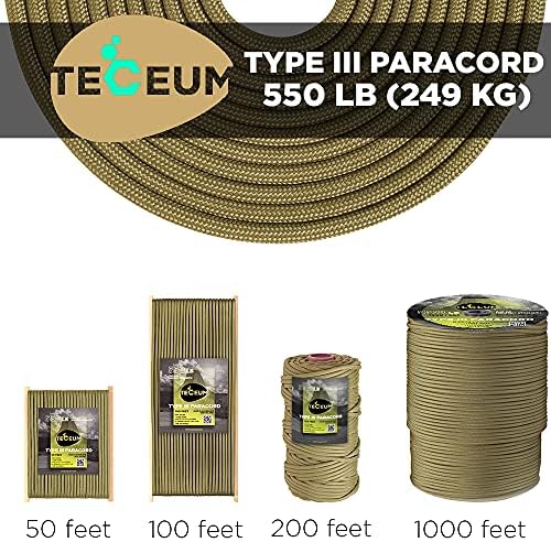 TECEUM 5/32" Paracord Rope 1000 – 1000ft / 200ft / 100ft / 50ft – Tactical Parachute Cord 4mm – 45+ Colors – Nylon String for Survival & Camping Gear – Stripe Cord for Survival – Utility Rope