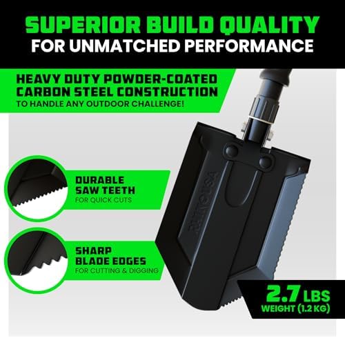 Rhino USA Survival Shovel w/Pick - Heavy Duty Carbon Steel Military Style Entrenching Tool for Off Road, Camping, Gardening, Beach, Digging Dirt, Sand, Mud & Snow. (Recovery Shovel)