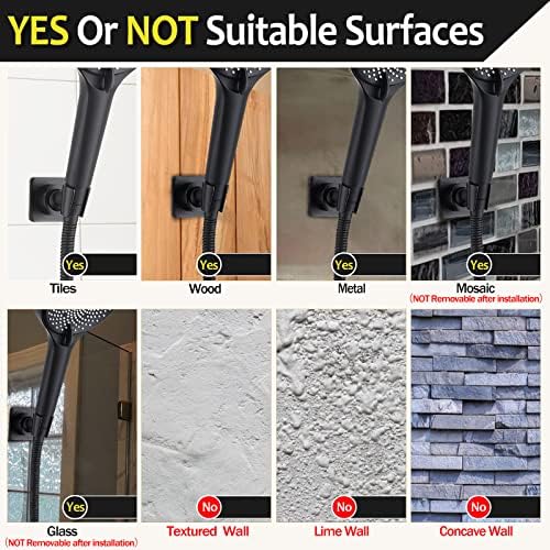Shower Head Holder All Meta Handheld Shower Wand Bracket Adhesive Shower Wall Mount Holder Brass Shower Spray Holder Black, Drill Free Glue Installation