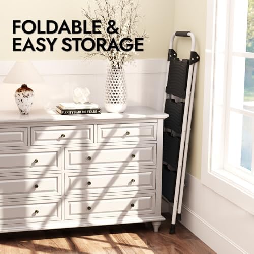 KINGRACK 4 Step Folding Ladder, 900 lbs Load Capacity, Non-Skid Large Pedals, Handrail, Safety Lock, Sturdy Step Stool for Home, Office, Garden, Multi-Purpose, White