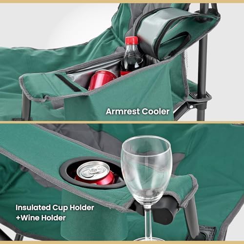 ARROWHEAD OUTDOOR Portable Folding Camping Quad Chair w/ 6-Can Cooler, Cup & Wine Glass Holders, Heavy-Duty Carrying Bag, Padded Armrests, Headrest & Seat, Supports up to 550lbs, USA-Based Support