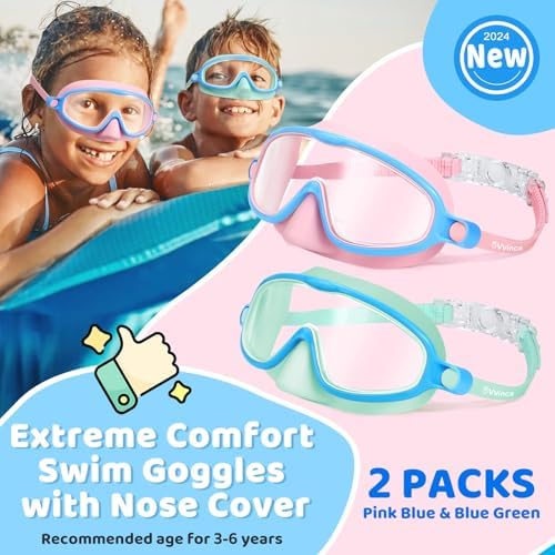 Vvinca 2 Pcs Kids-Swim-Goggles with Nose Cover, Swimming Diving Mask Wide View Anti Fog UV Anti Shattered Lens for Kids 3-6