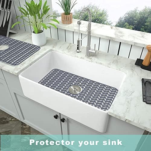 AWOKE Sink Protectors for Kitchen Sink - 26"x 14" Sink Mat - Heat-resistant Easy-clean Silicone Sink Mat - for Protection of Stainless Steel Sink - with Center Drain (Grey),Kitchen Sink Accessories