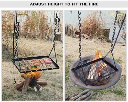 REDCAMP Grill Swing Campfire Grill Stand with Iron Grill Grate, Collapsible Campfire Cooking Rack w/6 Hooks,Portable Cookware Hanging Rack Outdoor Camping Bonfire for Cookware & Dutch Oven,Rectangle