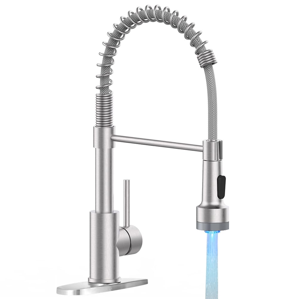 LED Light Kitchen Faucet with Pull Down Sprayer Sus304 Stainless Steel Industrial Single Handle Faucet for Farmhouse Camper Laundry Utility Rv Wet Bar Sinks Brushed Nickel 9003SN