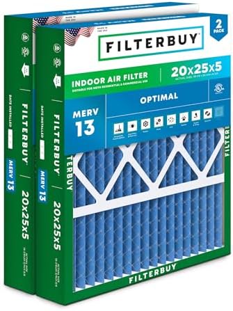 Filterbuy 20x25x5 Air Filter MERV 13 Optimal Defense (2-Pack), Pleated HVAC AC Furnace Air Filters for Honeywell FC100A1037, Lennox X6673, Carrier, & More (Actual Size: 19.88 x 24.75 x 4.38 Inches)