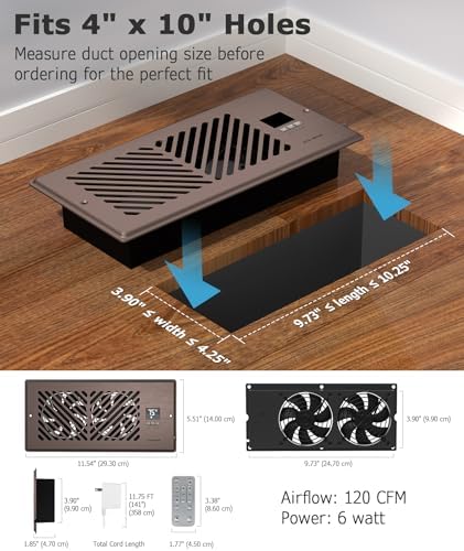 AirBlaze Z4, Quiet Register Booster Fan Fits 4”x10” Register Holes, Smart Vent Booster Fan with Thermostat Control & Remote Control, 10-Speed Control Heating Cooling AC Vent Fan (Brown)