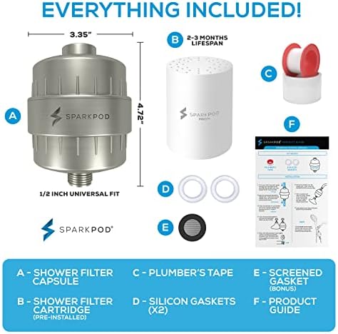 SparkPod 23 Stage Shower Head Filter for Dry Hair and Skin - High Output Universal Shower Filters to Remove Toxic Chemicals, Chlorine & Heavy Metals (Elegant Brushed Nickel)