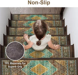 Carpet Stair Treads Non Slip 15PCS, 8" X 30" Edging Stair Runner for Wooden Steps Indoor, Resistant Stair Rug with Reusable TPE Adhesive Backing, Residue Free Mat for Elders, Pets, Amber&Cyan