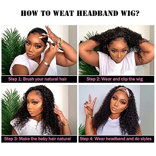 Lauberita Headband Wig Human Hair Wigs 18 Inch Wear and Go Glueless Wig Curly Deep Wave Headband Wig Natural Color