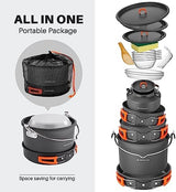 Odoland 18pcs Camping Cookware Large Size Hanging Pot Pan Kettle Set with Plastic Plates Bowls Soup Spoon for Camping, Backpacking, Outdoor Cooking and Picnic