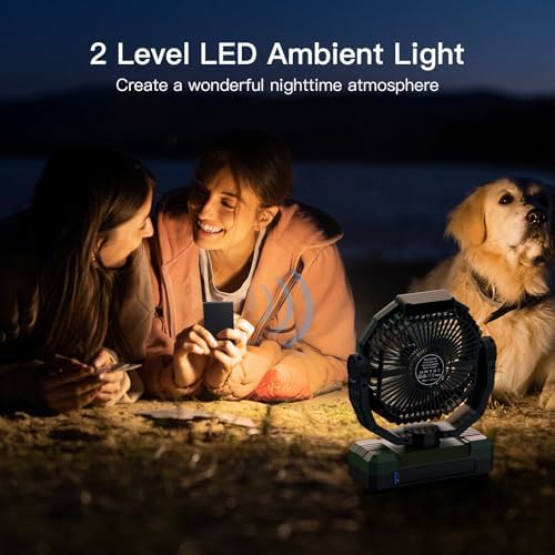 FRIZCOL 3-in-1 Camping Fan - Portable Fans Rechargeable - 12000mAh 9-Inch Battery Powered Fan(70Hrs) with Light & Remote for Indoor, Outdoor, Tent, Travel, BBQ, Fishing, Jobsite - Green