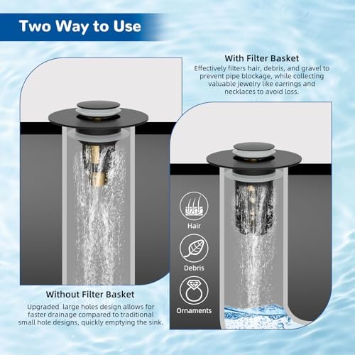 Hibbent Upgraded 3 in 1 Bathroom Sink Drain Strainer, Universal Pop Up Stopper, Removable Stainless Steel Filter Basket Hair Catcher, Sink Plug for 1.1''~2.36'' Basin, Brass Bullet Core, Matte Black