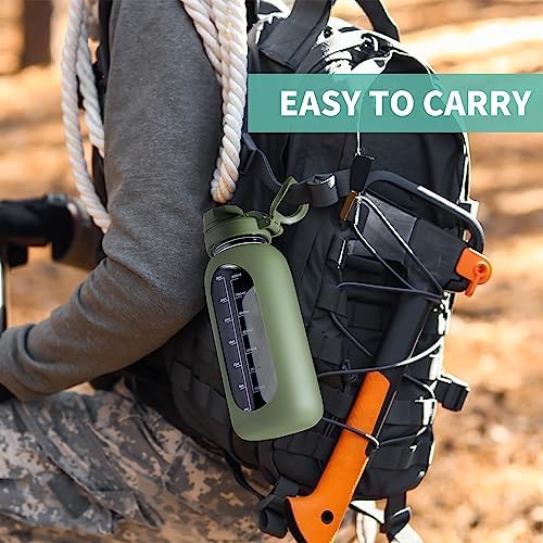 CIVAGO 40 oz Glass Water Bottle with Straw and Handle, Large Sports Motivational Water Bottle Flask with Time Marker and 2 Lids, Leakproof Water Jug Canteen with Silicone Sleeve for Gym,Mauve