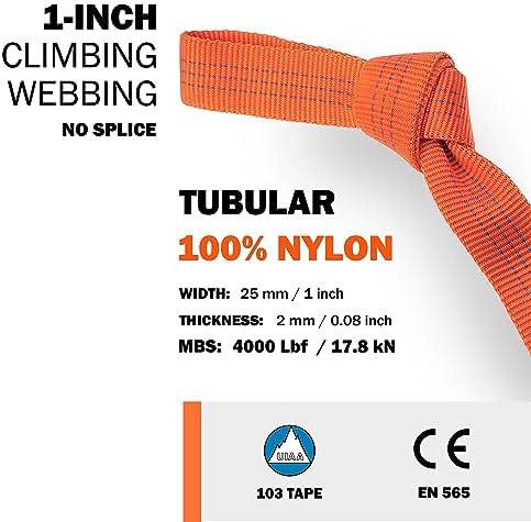 GM CLIMBING 1 inch Nylon Tubular Webbing Tape CE UIAA Certified 4000lb Heavy Duty for Climbing Rescue Rope Works Survival Outdoor General Purposes